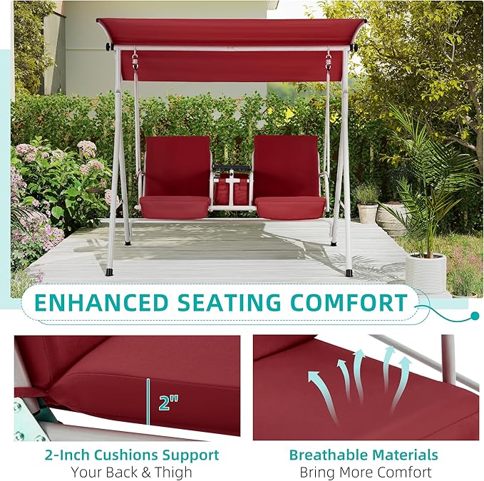 HOMREST 2 Seat Outdoor Porch Swing,Patio Swing with Adjustable Canopy,Heavy Duty 650 LBS Outdoor Swing with Pivot Storage Table & 2 Cup Holders & Cushions for Yard, Lawn, Backyard, (Burgundy)