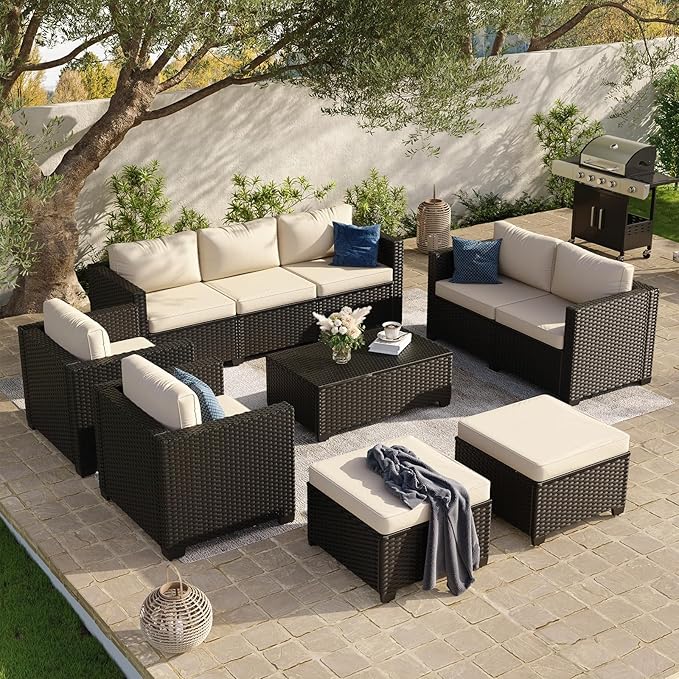 Aoxun 9 Piece Outdoor Patio Furniture Set 8 Seats, Outdoor Sectional with Thick Waterproof Cushions & Storage Coffee Table, Patio Conversation Sets for Garden,Backyard, Porch, Balcony, Deck, Beige