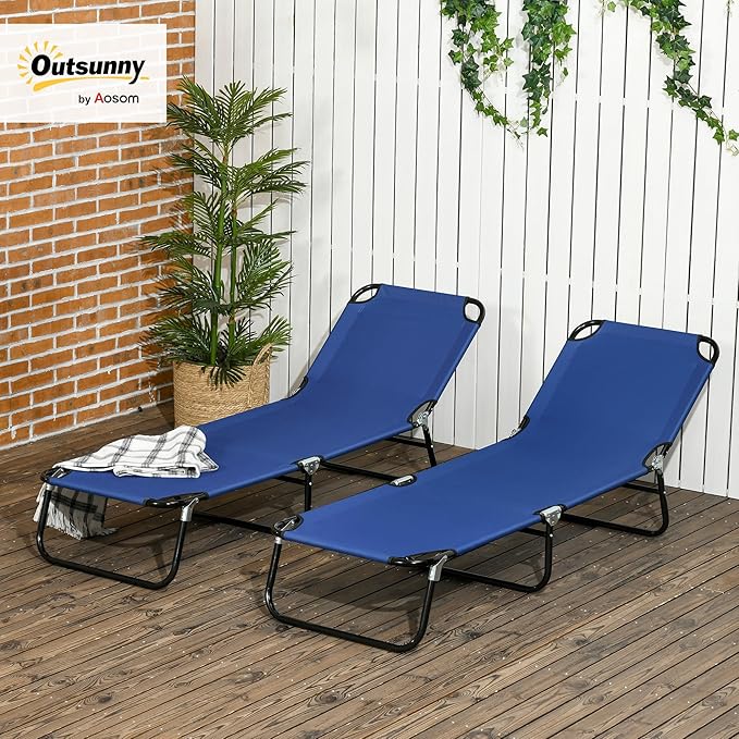 Outsunny 2 Piece Folding Chaise Lounge Pool Chairs, Outdoor Sun Tanning Chairs with 5-Level Reclining Back, Steel Frame for Beach, Yard, Patio, Blue