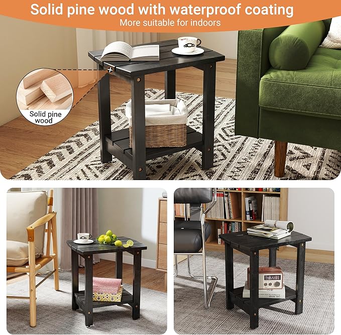 2-Tier Adirondack Side Table 17" with Double Shelf, Easy Assembly Solid Wood End Table,Outdoor & Indoor Small Table for Living Room,Patio, Poolside, Porch - Weather Resistant Black