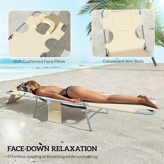 Outsunny Chaise Lounge Chair Outdoor Set of 2 with Face Arm Hole, 5-Position Reclining Face Down Tanning Chair with Carry Strap, Side Pocket, Portable Folding Bed Cot for Patio Beach Pool, Beige