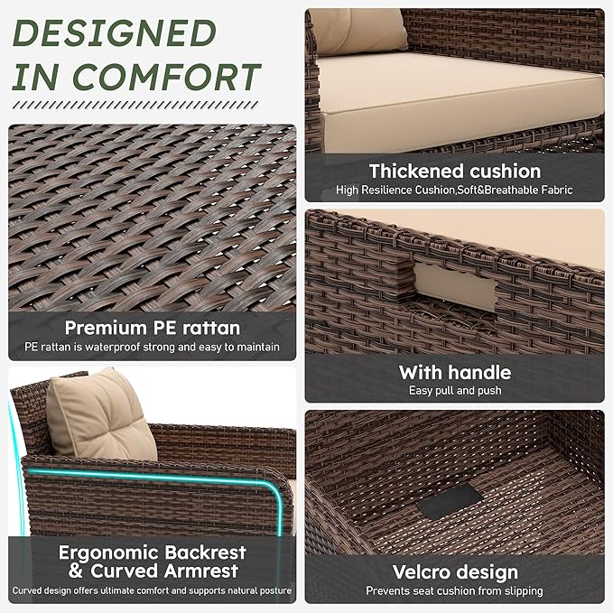 LHBcraft Balcony Furniture 5 Piece Wicker Patio Furniture Set, Outdoor Hand-Woven Rattan Lounge Chairs with Tempered Glass Coffee Table, Ottomans & Soft Cushions for Front Porch, Garden, Brown