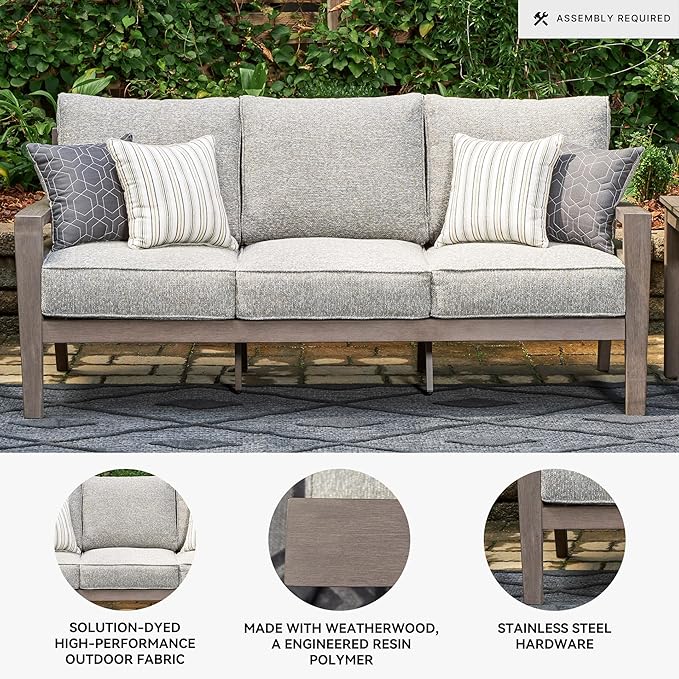 Signature Design by Ashley Hillside Barn Contemporary Nuvella Weather Resistant Fabric Outdoor Sofa with Cushion and 4 Throw Pillows, Light Brown & Light Gray