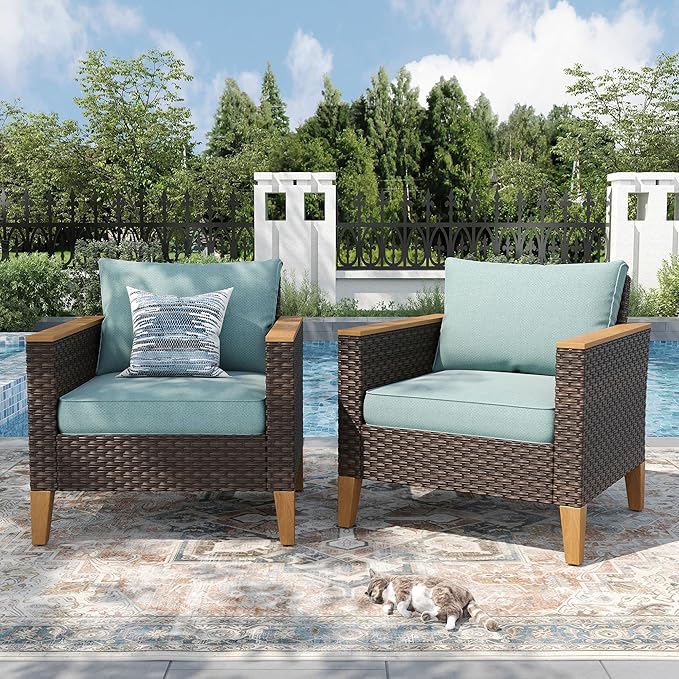 PHI VILLA 2 Pieces Wicker Patio Sofa Set, Rattan Sofa Set with Deep Seating for Poolside, Garden 2 x Single Sofa, Aqua Blue