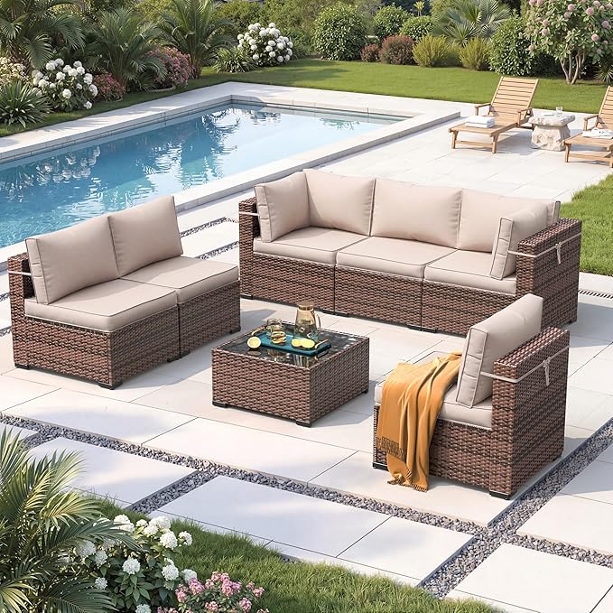 Amopatio Patio Furniture Set 7 Pieces Patio Conversation Set Outdoor Sectional Wicker Rattan Sofa with All-Weather Cover, Patio Furniture with Pillows Fits Porch Garden Backyard Balcony (Cream)