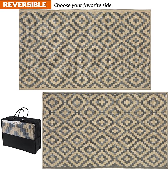 SAND MINE Reversible Mats, Plastic Straw Rug, Modern Area Rug, Large Floor Mat and Rug for Outdoors, RV, Patio, Backyard, Deck, Picnic, Beach, Trailer, Camping, Grey & Tan, 5' x 8'