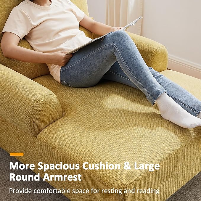 Modern Chaise Lounge Chair with Adjustable Backrest, Upholstered Indoor Leisure Sofa Recliner, Oversized Accent Chair Deep Seat Reading Armchair for Living Room, Bedroom, Office, Yellow