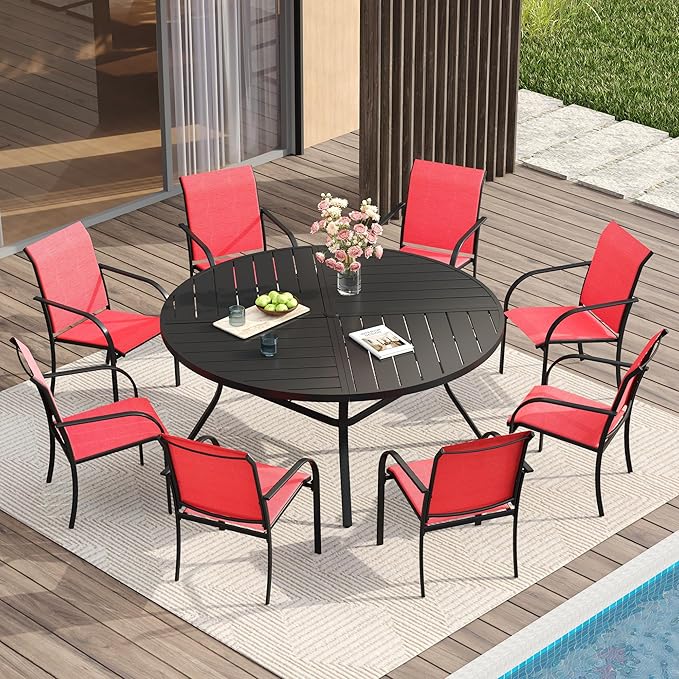 VICLLAX Patio Table and Chair Set of 8, All Weather Metal Round Outdoor Dining Furniture Set-53 Round Outdoor Table and Chairs, Black Tabletop