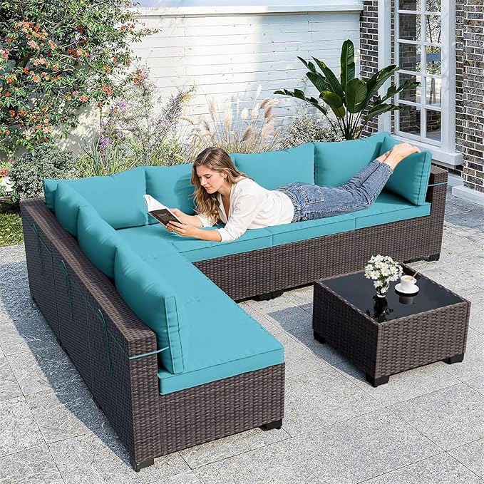 ALAULM Patio Furniture Set with Coffee Table, 7 Pieces Outdoor Sectional with Wide Seat and Thick Cushion, All Weather Wicker Rattan Conversation Set for Backyard, Garden, Deck, Turquoise