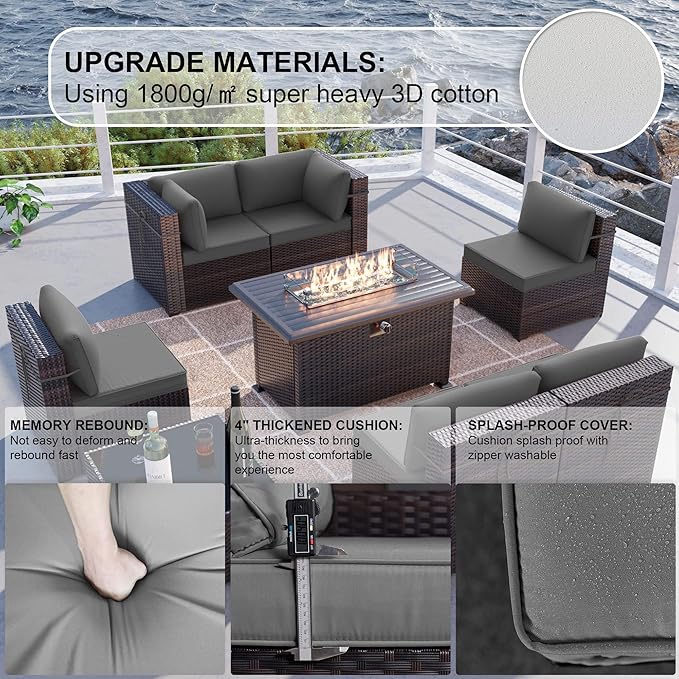 Kullavik 11 Pieces Outdoor Patio Furniture Set,PE Wicker Rattan Sectional Sofa Patio Conversation Sets with 43" 55000BTU Gas Propane Fire Pit Table,Swivel Rocking Chairs Set,Grey