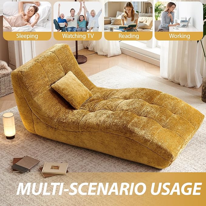 Chaise Lounge Chair with Curved Back, Modern Upholstered Recliner Sofa, Tufted Accent Lounger Comfortable Lazy Chair for Bedroom, Apartment (Yellow)