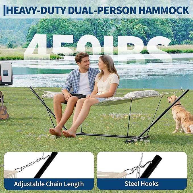 Double Hammock with Heavy-Duty Steel Stand, 2 Person Portable Hammock, 450LBS Max Weight Capacity, Easy Assembly, Ideal for Indoor, Backyard, Camping & Outdoor Use
