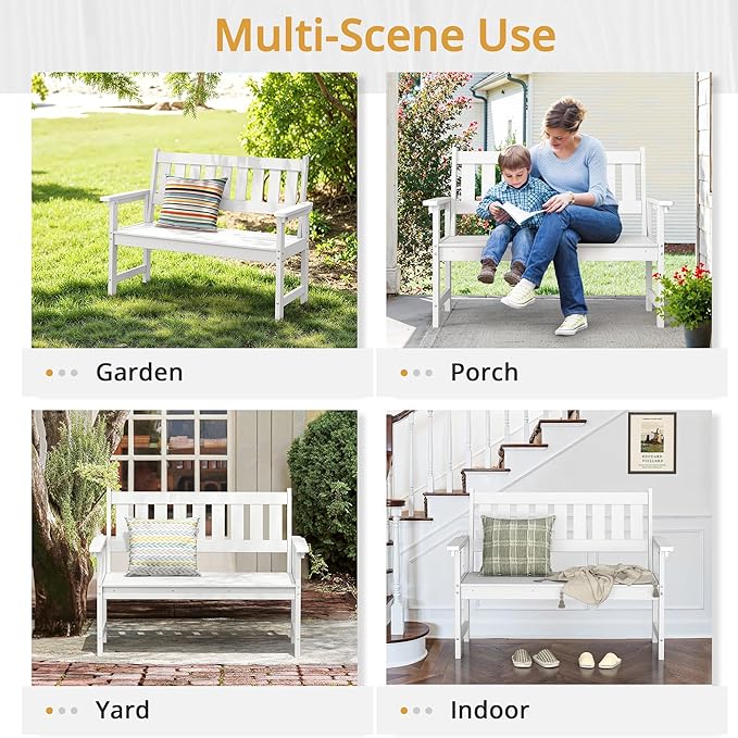 LUE BONA Outdoor Bench, 2-Person HDPS Garden Bench, Outdoor Benches Weatherproof, All-Weather Fade/Rot Resistant Patio Bench for Park, Front Porch, Backyard (White)