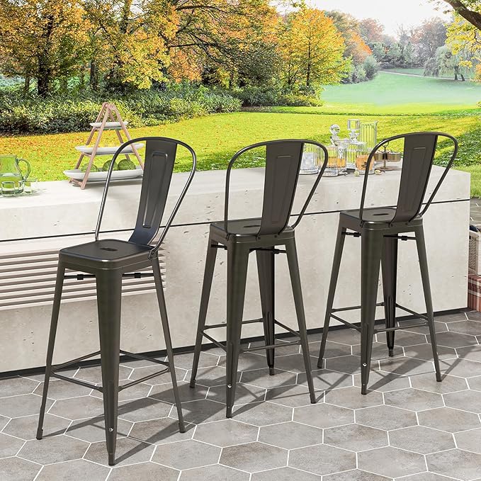 COSTWAY Metal Bar stools Set of 4, with Removable Back, 30'' Bar Height Stools with Rubber Feet, Stylish and Modern Chairs, for Kitchen, Dining Rooms, and Side Bar (Gun-Update, 30'')