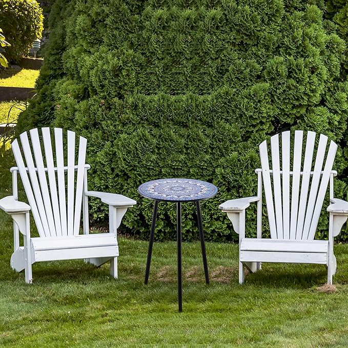Metal Outdoor Side Tables Set of Two Small Outside Round End Table for Patio Modern Accent Garden Corner Table for Small Spaces, Balcony, Porch, Weather-Resistant, Plant Stand Indoor, Blue