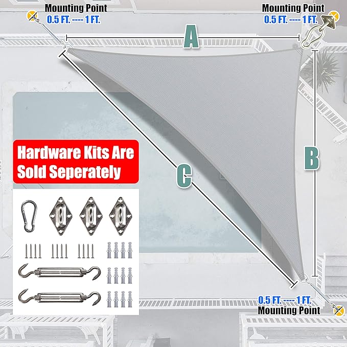 Amgo Custom Size 10' x 18' x 20.6' Gray Right Triangle Sun Shade Sail UPF50+ AGTAPRT12, Order to Make Canopy Awning, 95% UV Blockage, Water & Air Permeable, Commercial Standard (We Customize)
