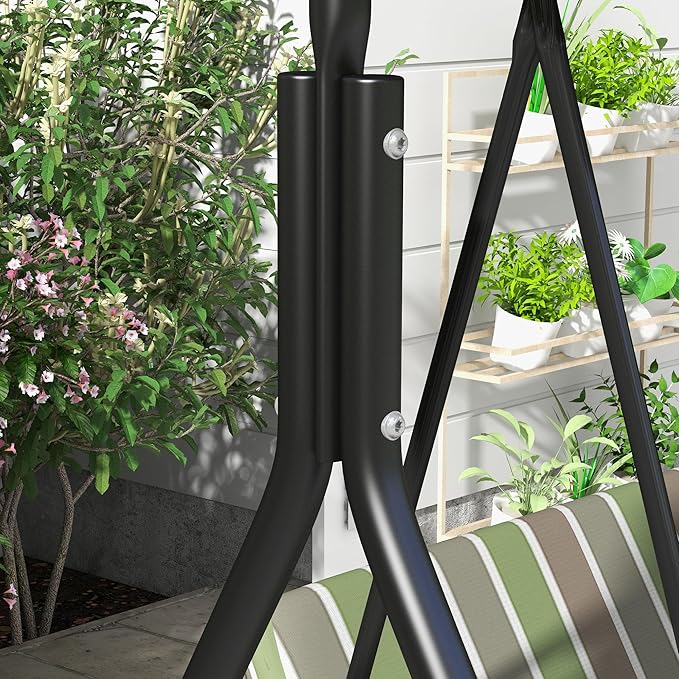 Outsunny 3-Seat Outdoor Patio Swing Chair with Removable Cushion, Steel Frame Stand and Adjustable Tilt Canopy for Patio, Garden, Poolside, Balcony, Backyard, Beige & Green