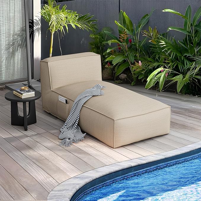Outdoor Bean Bed Chair Sun Lounger, Outdoor Couch Sofa for Patio & Pool, Foam Filling Day Bed Furniture, Comfy Lazy Sofa for Outside, Water-Resistant Seating (Higher Back Light Beige, 70'' L)