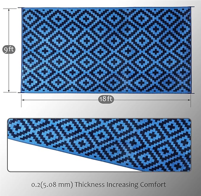 SAND MINE Waterproof Outdoor Rug 9x18 ft, Plastic Reversible Rug, Modern Area Rug, Large Floor Mat for Outdoors, RV, Patio, Backyard, Deck, Picnic, Beach, Camping, Blue