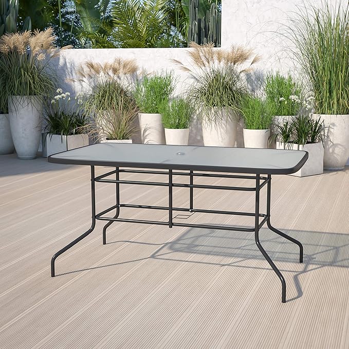 Flash Furniture Tory 31.5" x 55" Rectangular Tempered Glass Metal Patio Table with Umbrella Hole, Modern Rippled Glass Outdoor Dining Table, Black