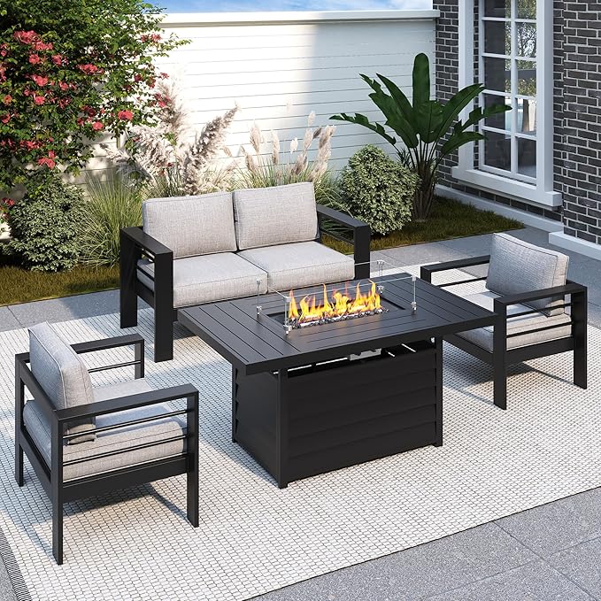 Solaste Aluminum Patio Furniture Set with Fire Pit Table, 4 Piece Metal Outdoor Furniture with Water-Resistant Cushions, Modern Patio Conversation Set for Backyard,Black Frame and Grey Cushion
