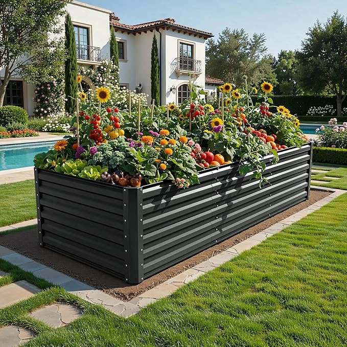 YITAHOME 6pcs 8x4x2 ft Galvanized Raised Garden Bed Kit, Large Metal Planter Box with Gloves, Safety Rubber & Support Rod, Outdoor Flower Bed for Plants Vegetables, Black