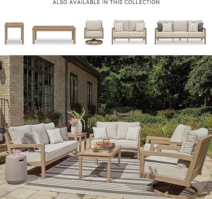Signature Design by Ashley Hallow Creek Cottage Nuvella Weather Resistant Fabric Outdoor Sofa with Cushion and 4 Throw Pillows, Light Brown & Beige