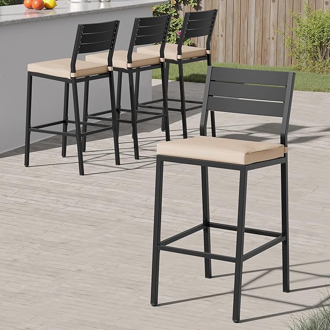 Crestlive Products Outdoor Bar Stools Set of 4, Patio Counter Height Barstools with Cushions, Tall Chairs with Back and Footrest for Deck, Lawn, Garden, Backyard, Poolside, Or Indoor Use (Beige)