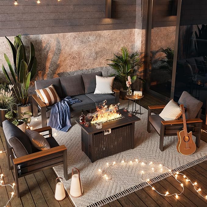 Aoxun Aluminum Outdoor Patio Furniture Set, 6-Piece Outdoor Sectional with 44'' Propane Gas Firepit Table, Patio Conversation Sets with Upgraded Armrests and Cushions for Backyard (Dark Grey,5 Seats)