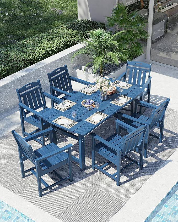 Ciokea HDPE Outdoor Dining Table with Umbrella Hole,66" Rectangle Patio Table for 6,All-Weather Outdoor Patio Furniture Set for Garden Backyard,Navy Blue