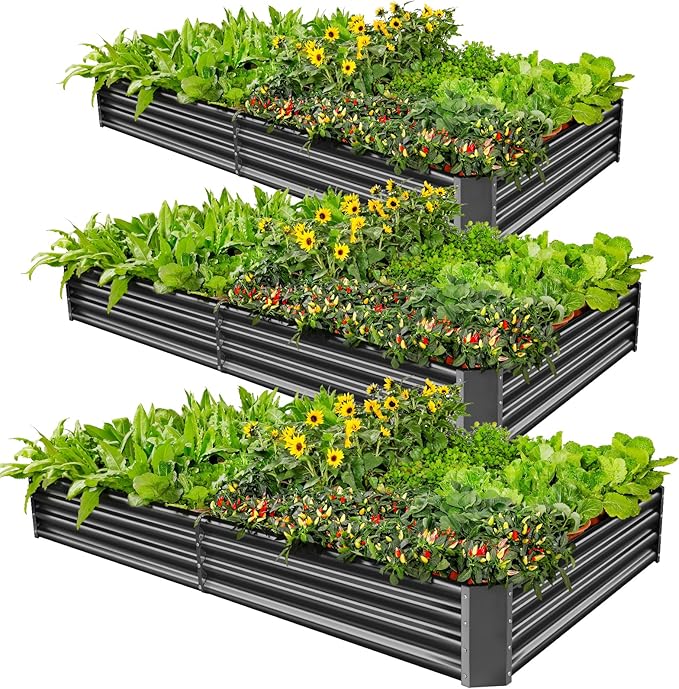 Land Guard 3 Pack 6×3×1ft Galvanized Metal Raised Garden Bed, Metal Planter Kit Box Outdoor for Deep-Rooted Vegetables, Flowers, Green and Herbs, Modern Grey