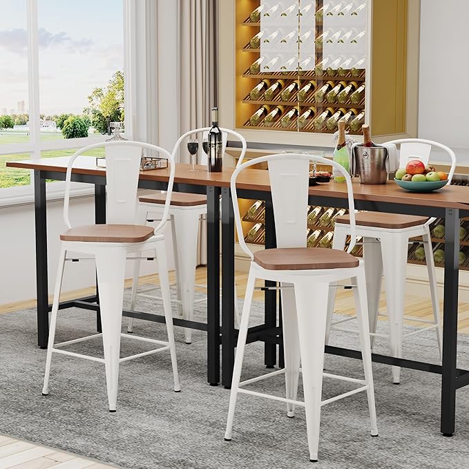 Alunaune 30" Swivel Metal Bar Stools Set of 4 High Back Counter Height Barstools Industrial Dining Bar Chairs with Large Wooden Seat-White