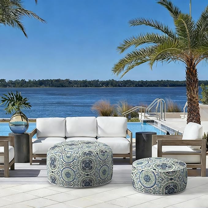 LVTXIII Indoor/Outdoor Inflatable Ottoman with Handle D21 x H9 Inch, Weather-Resistant Round Footstool Pouf for Patio Camping Living Room, Portable Footrest Extra Seating, Coastal Medallion