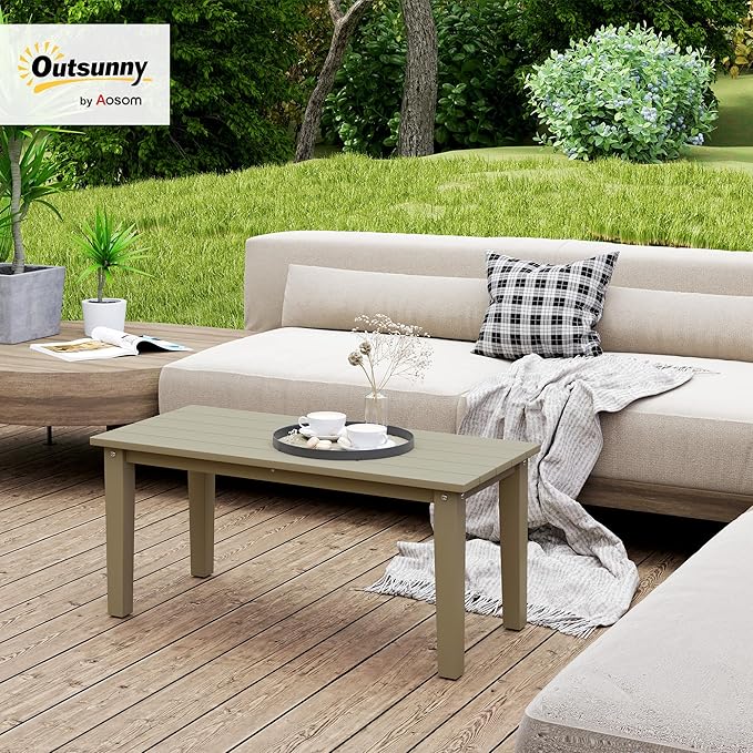 Outsunny HDPE Outdoor Coffee Table, All-Weather Rectangle Patio Coffee Table, Plastic Outdoor Patio Table with Slatted Tabletop for Garden, Balcony, Backyard, Brown
