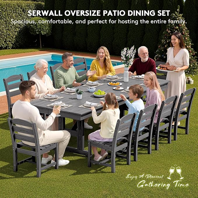 SERWALL Outdoor Dining Chairs Set of 4, All-Weather HDPE Patio Chair with 19.7" Widened Seat, for Backyard, Garden, Gray