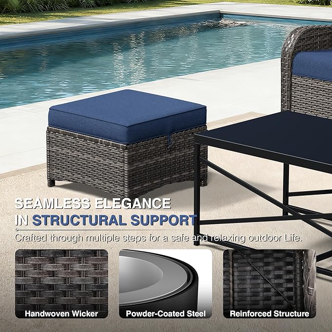 Joyside Outdoor Ottoman Set of 2, Patio Large Ottoman Foot Rest with Thickened Cushions, Outdoor Wicker Foot Stool for Porch, Deck Use