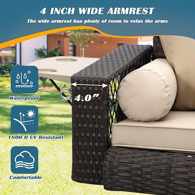 Outdoor Wicker Patio Porch Swing - 3 Person Swing Outdoor Hanging Porch Swing Seat Bench with Chains for Yard, Deck, Garden (Brown Rattan Khaki Cushion)