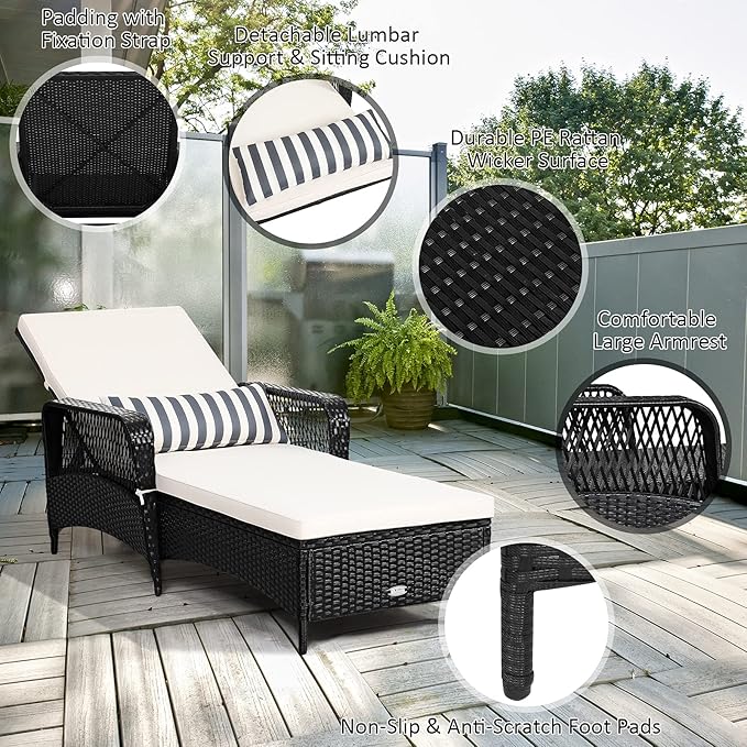 Tangkula Wicker Chaise Lounge Outdoor Set of 2, Patio Rattan Reclining Chaise with 6-Gear Adjustable Backrest, Thick Padded Cushion & Removable Lumbar Pillow, Pool Lounge Chairs for Outside Balcony
