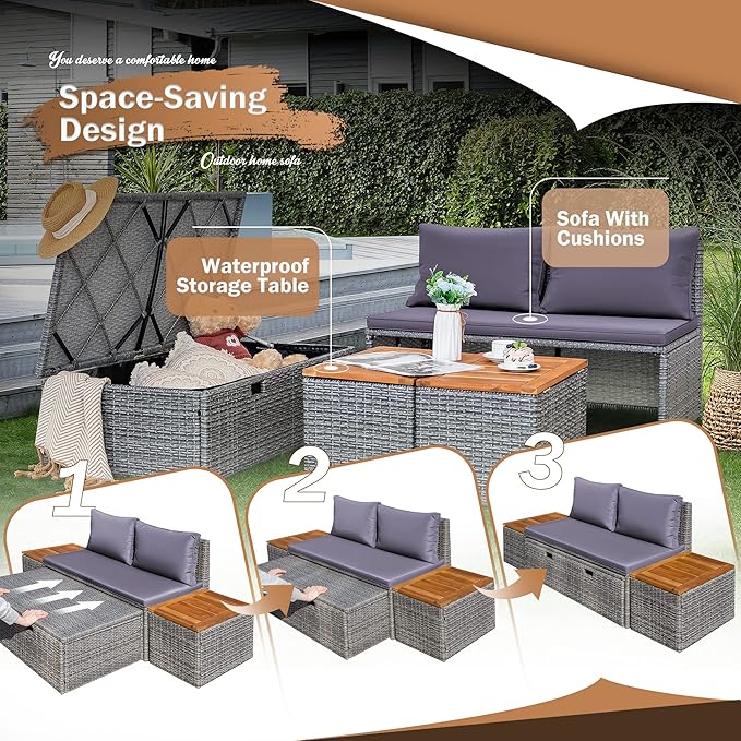 Devoko Patio Day Bed with 2 Side Tables Outdoor Daybed Set MultifunctionalRattan Lounge Bed for Backyard Porch Poolside Lawn Beach (Gray)
