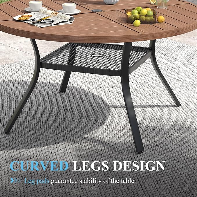 VICLLAX Patio Table and Chair Set of 6, All Weather Metal Round Outdoor Dining Furniture Set-47 Round Outdoor Table and Chairs, Walnut Wood Grain Tabletop
