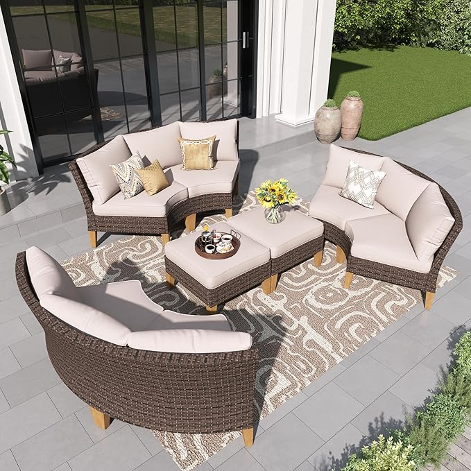 PHI VILLA 4-Piece Curved Patio Furniture Set, Half-Moon Wicker Sectional Furniture Sofa Set for 8 Seats with Cushioned 3 x Curved Sectionals and 2 x Ottoman, Beige