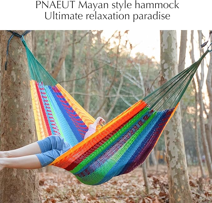 PNAEUT Handwoven Mayan Hammocks for Outside, Handwoven Thick Soft Rope Double Hammocks for Outdoor Indoor, Max 600 lbs Capacity, Tree Straps, Carabiners & Carrying Bag Included (Tropical, X-Large)