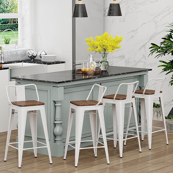 Yongchuang 26 inch Metal Bar Stools Set of 4 Counter Height Barstools Farmhouse Kitchen Bar Chairs with Wood Seat Low Back Cream White