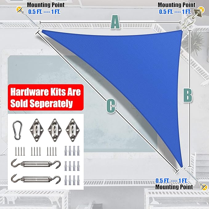 Amgo Custom Size 14' x 16' x 21.3' Blue Right Triangle Sun Shade Sail Order to Make Canopy Awning UPF50+ AGSLT, 95% UV Blockage, Water & Air Permeable, 200GSM Commercial Standard (We Customize)