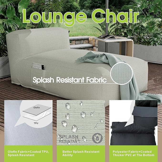 Outdoor Bean Bed Chair Sun Lounger, Outdoor Couch Sofa for Patio & Pool, Foam Filling Day Bed Furniture, Comfy Lazy Sofa for Outside, Water-Resistant Seating (Light Green, 59'' L)