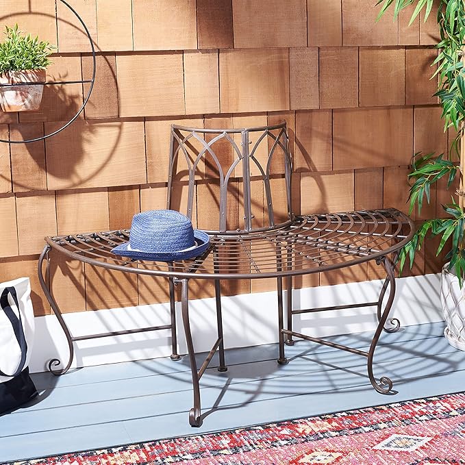 SAFAVIEH Outdoor Furniture Collection – Abia Rustic Brown Wrought Iron 50-Inch Curved Tree Bench, Garden & Patio Seating (PAT5018B)