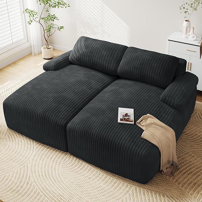 YITAHOME 80" Oversized Double Chaise Lounge, Upholstered Cloud Sofa with Deep Seat & 2 Pillows, Corduroy Loveseat Sleeper Couch with Thick-Density Foam for Living Room, Home Office, No Assembly, Black