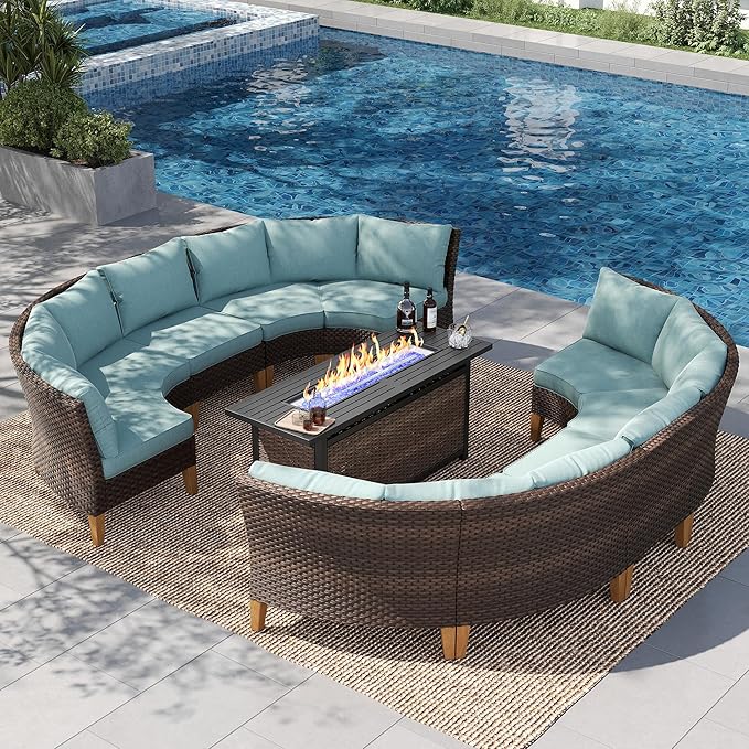 PHI VILLA 7-Piece Half Moon Patio Furniture Set with 56" Fire Pit Table, Outdoor Wicker Sectional Sofa with Aqua Blue Cushions, Large Curved Conversation Seating for Garden or Backyard