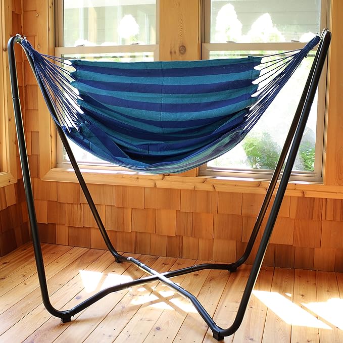 Sunnydaze Hanging Hammock Chair with Space-Saving Stand for Indoor or Outdoor Use - 330-Pound Capacity - Beach Oasis