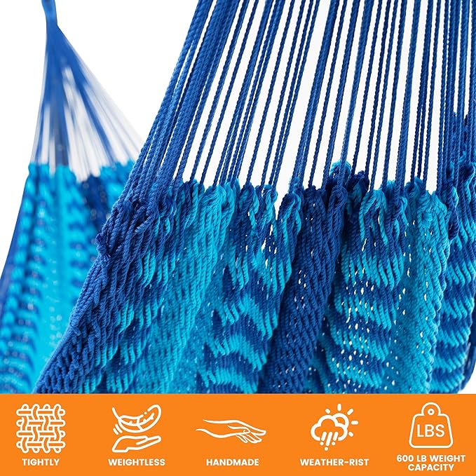 Lazy Daze Hammocks Handwoven Mayan Hammock, 10.5 FT Soft Rope Double Hammocks, Portable Outdoor Hammock with Carry Bag, 2 Straps & Carabiners for Patio Outside, 550 lbs Weight Capacity, Blue/Dark Blue
